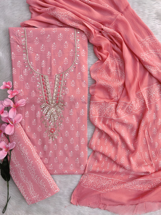FLORAL PRINTED COTTON GOTA PATTI SUIT WITH CHIFFON DUPATTA