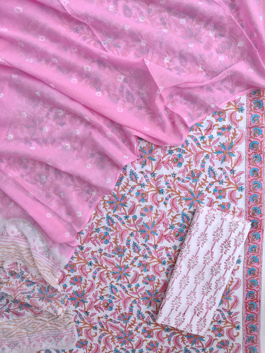 Hand Block Printed Cotton Suits with Mulmul Bandhej Dupatta