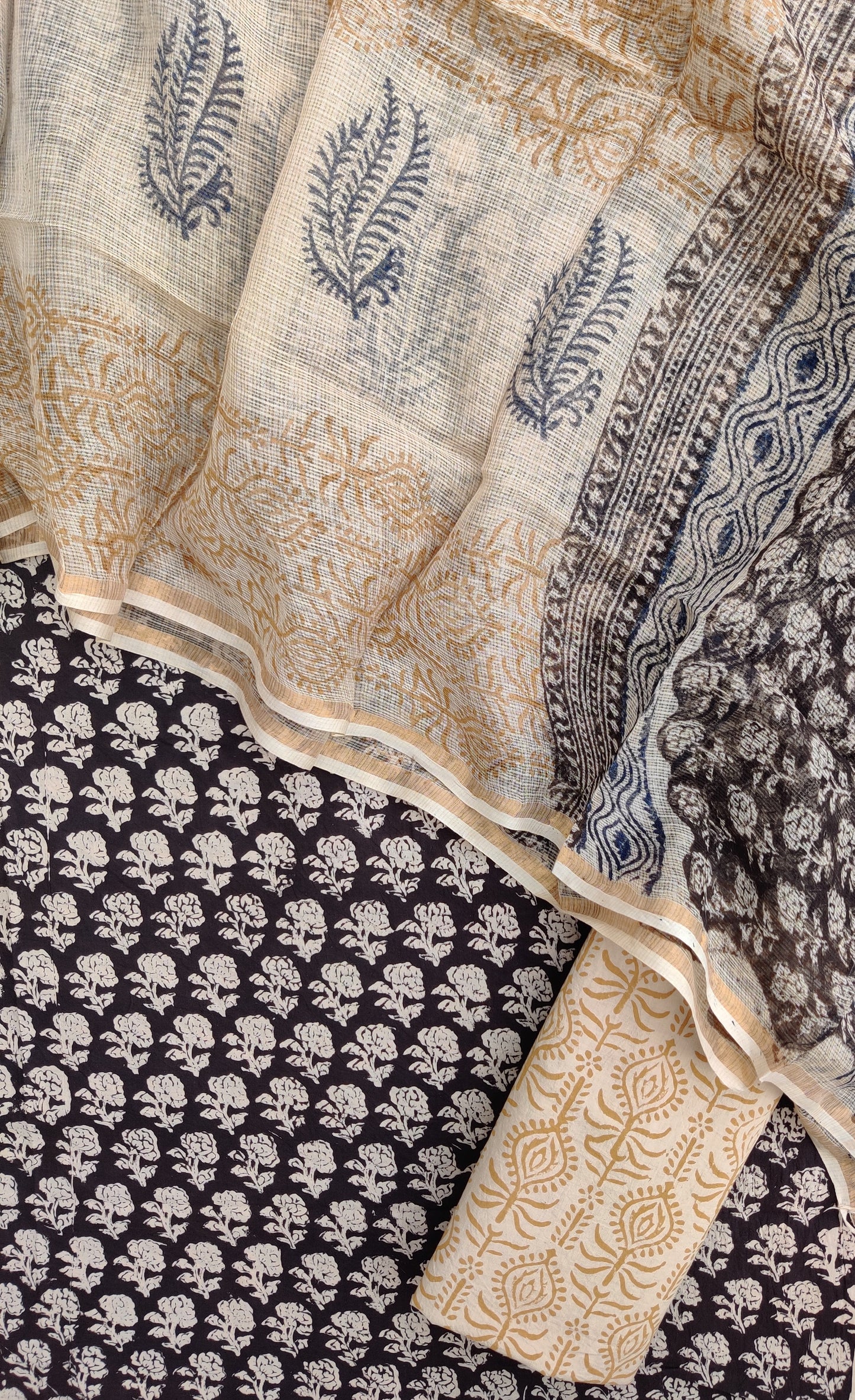 KALAMKARI Hand Block Printed Cotton Suit with Cotton Kota Doria Dupatta
