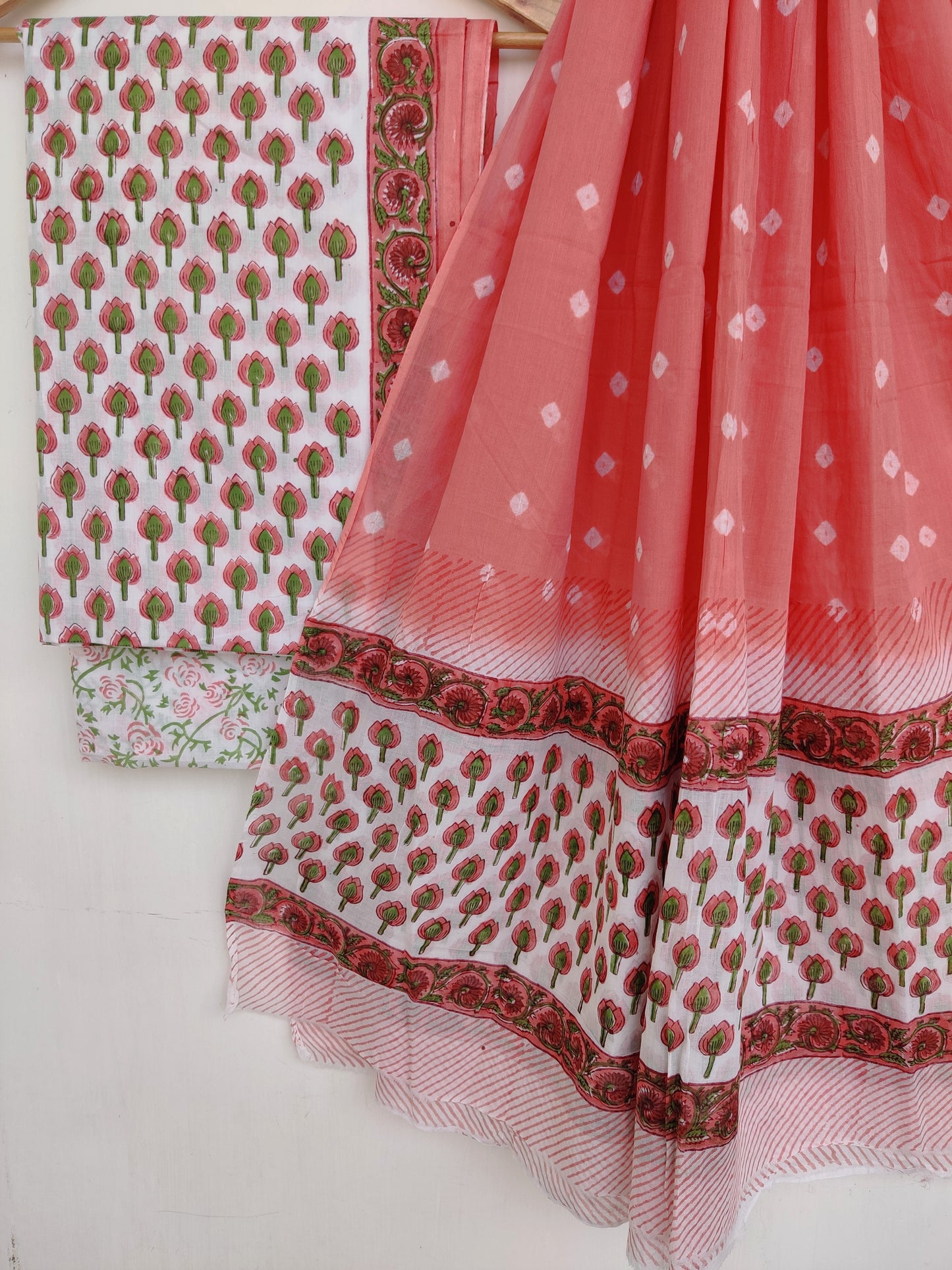 (SALE) Hand Block Printed Cotton Suits with Mulmul Bandhej Dupatta