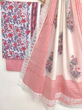 (SALE) Hand Block Printed Cotton Suit With Mulmul Dupatta