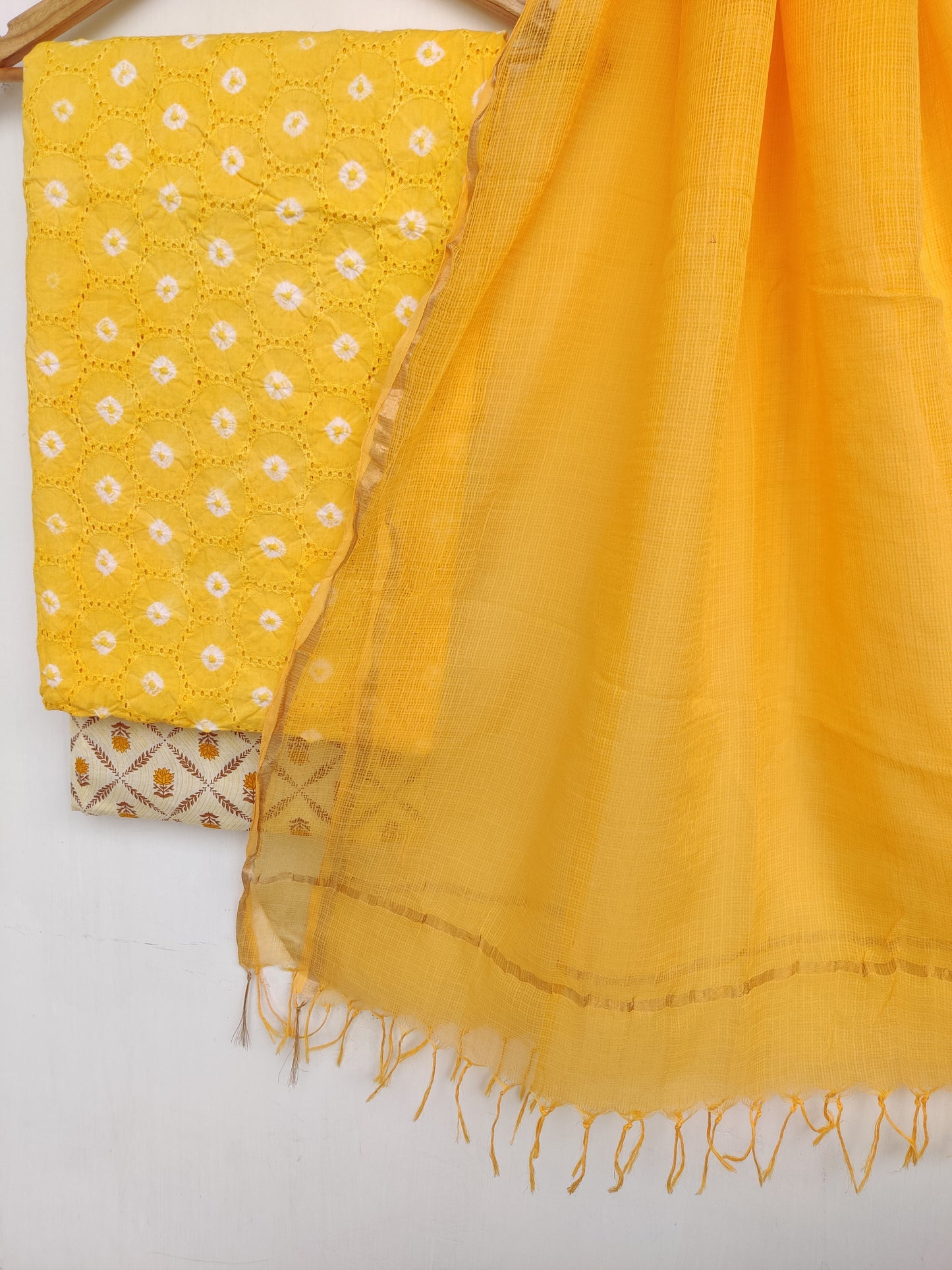 (SALE) BANDHANI  Cotton Schiffli Suit with Kota Doria Dupatta