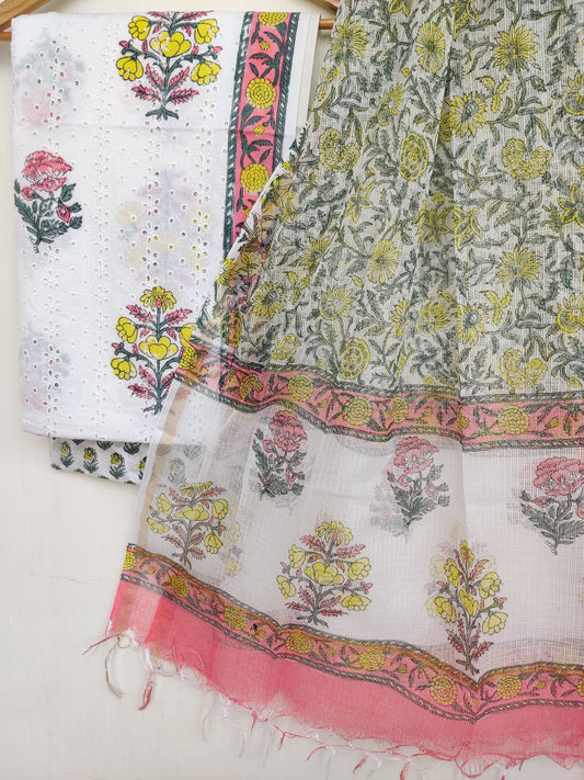 (SALE) Hand Block Printed Cotton Schiffli Suit with Kota Doria Dupatta