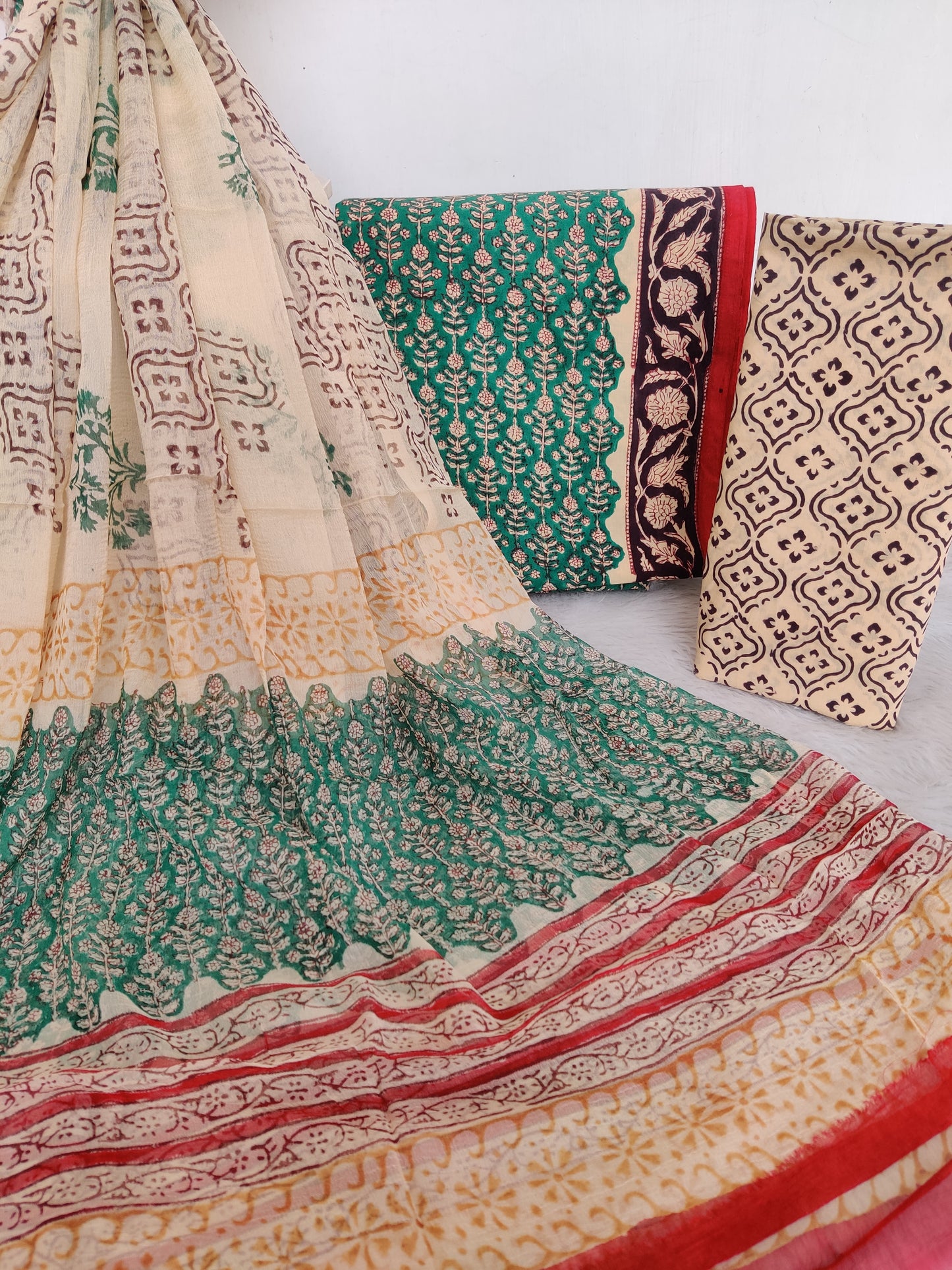 KALAMKARI HAND BLOCK PRINTED COTTON SUIT WITH PURE CHIFFON DUPATTA