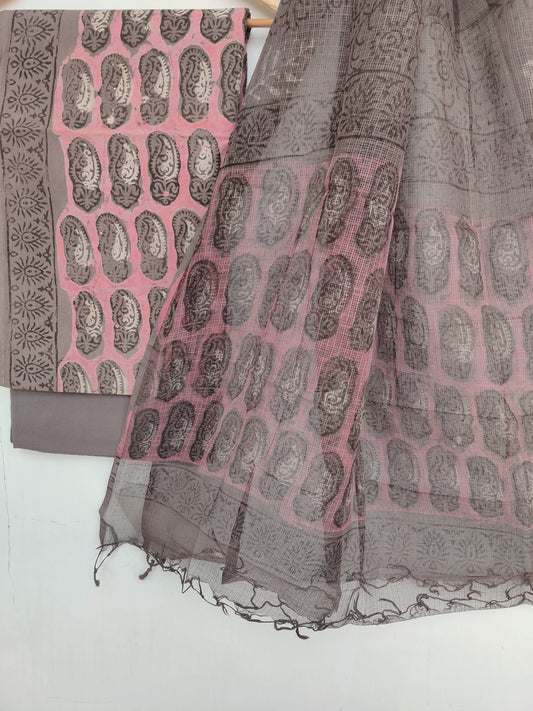 (VANASPATI) Block Printed Cotton Suit with Cotton Kota Doria Dupatta