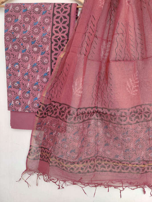 (VANASPATI) Block Printed Cotton Suit with Cotton Kota Doria Dupatta