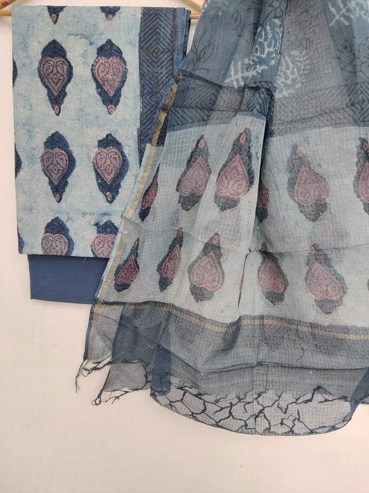 (VANASPATI) Block Printed Cotton Suit with Cotton Kota Doria Dupatta