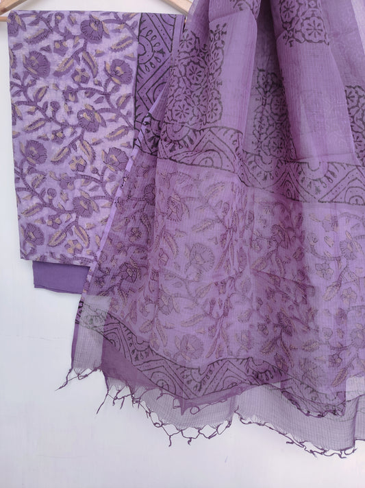 (VANASPATI) Block Printed Cotton Suit with Cotton Kota Doria Dupatta