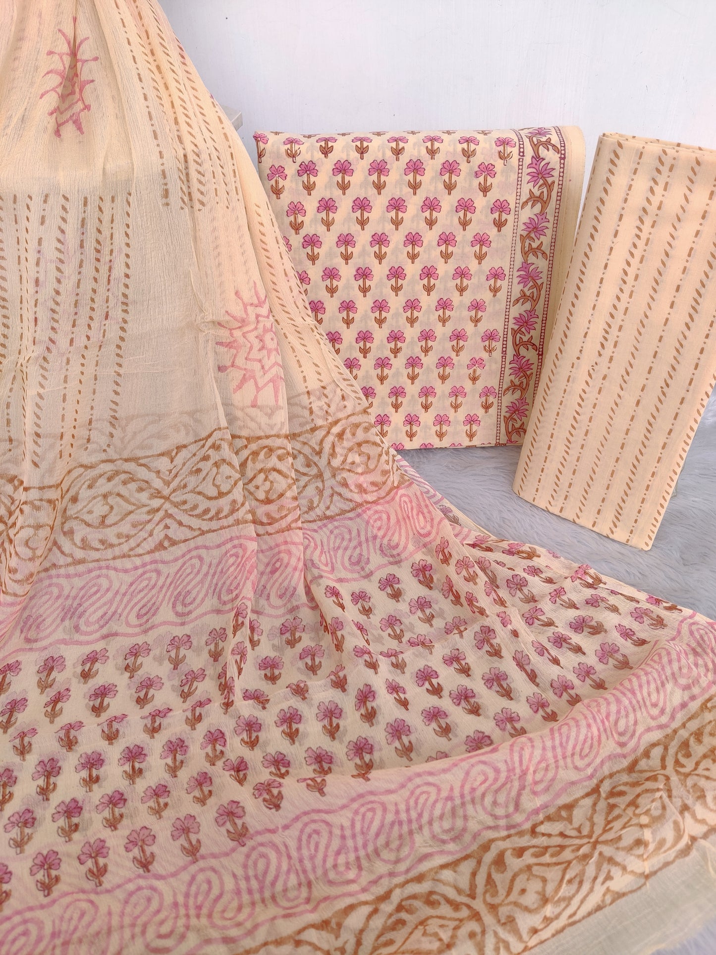 HAND BLOCK PRINTED COTTON SUIT WITH PURE CHIFFON DUPATTA
