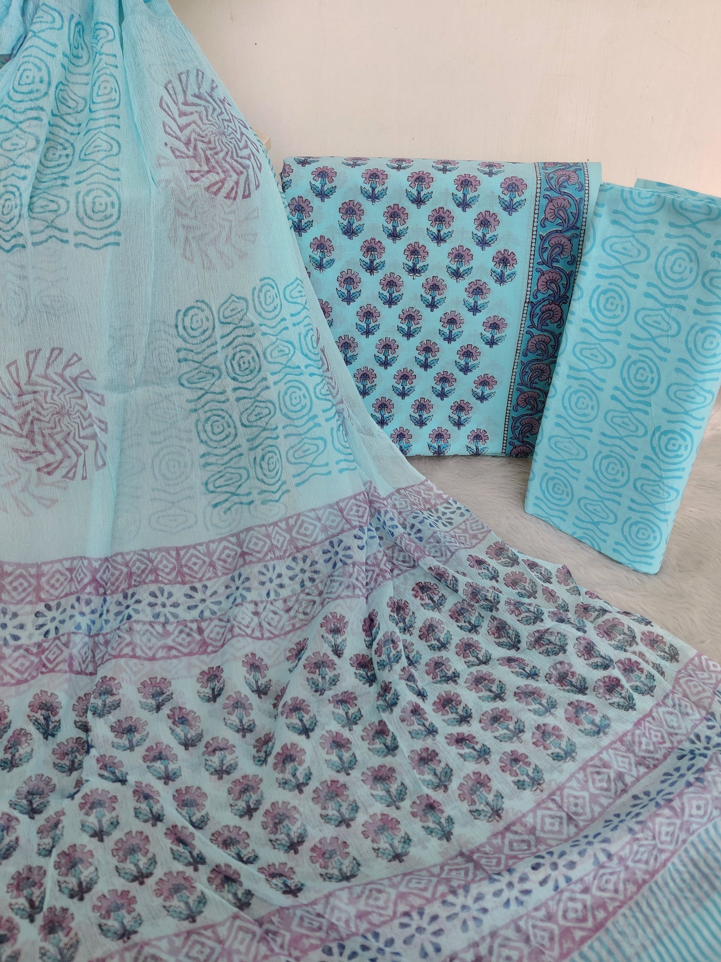 HAND BLOCK PRINTED COTTON SUIT WITH PURE CHIFFON DUPATTA