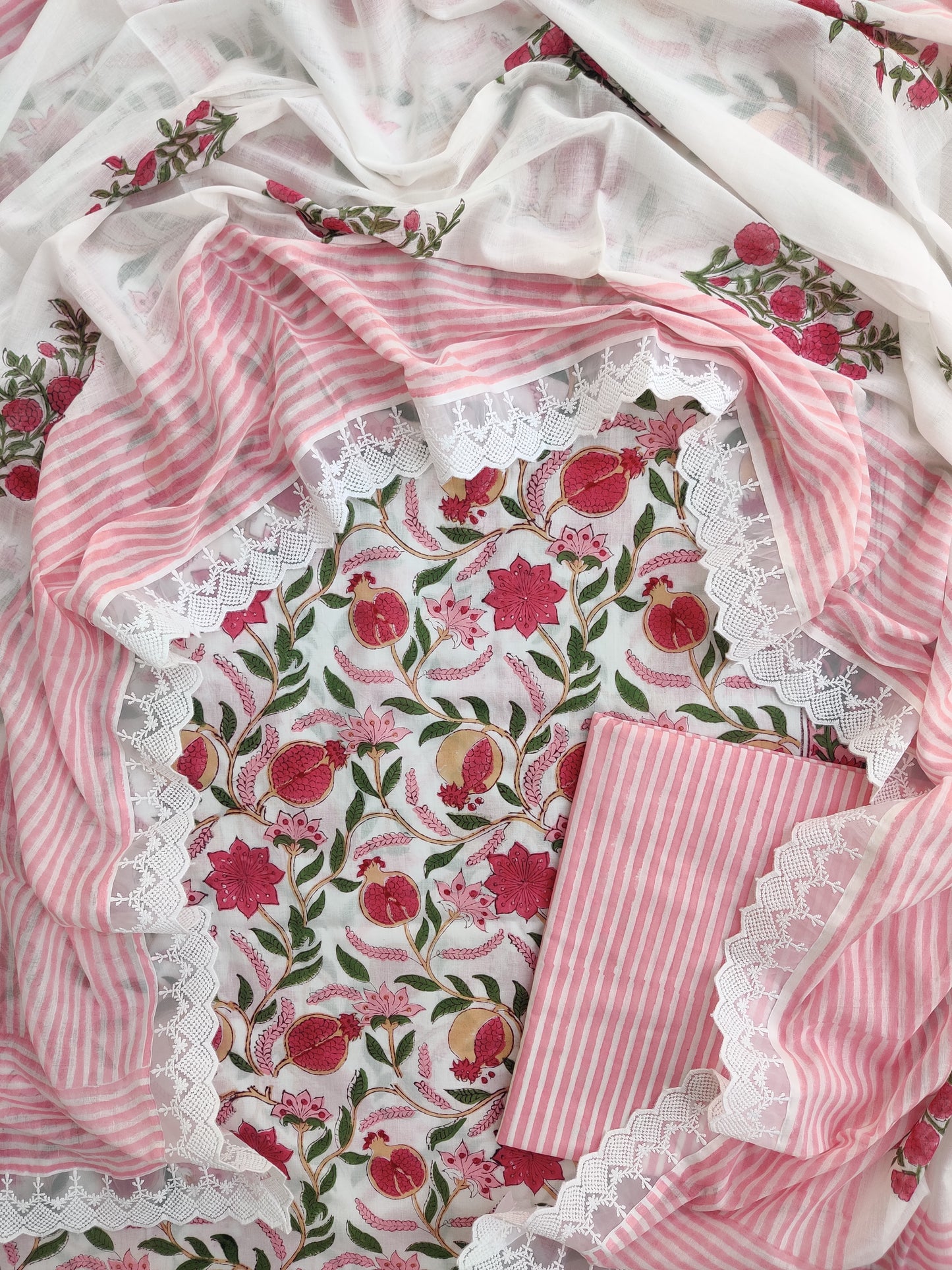 Hand Block Printed Cotton Suit With Lace Work Mulmul Dupatta
