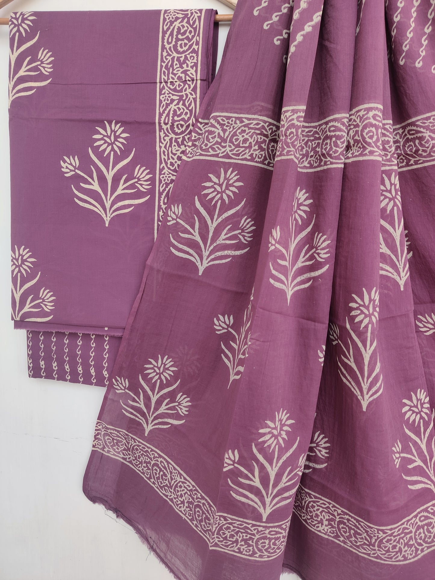 Hand Block Printed Cotton Suit With Mulmul Cotton Dupatta