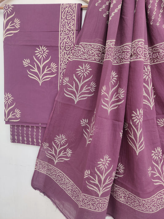 Hand Block Printed Cotton Suit With Mulmul Cotton Dupatta