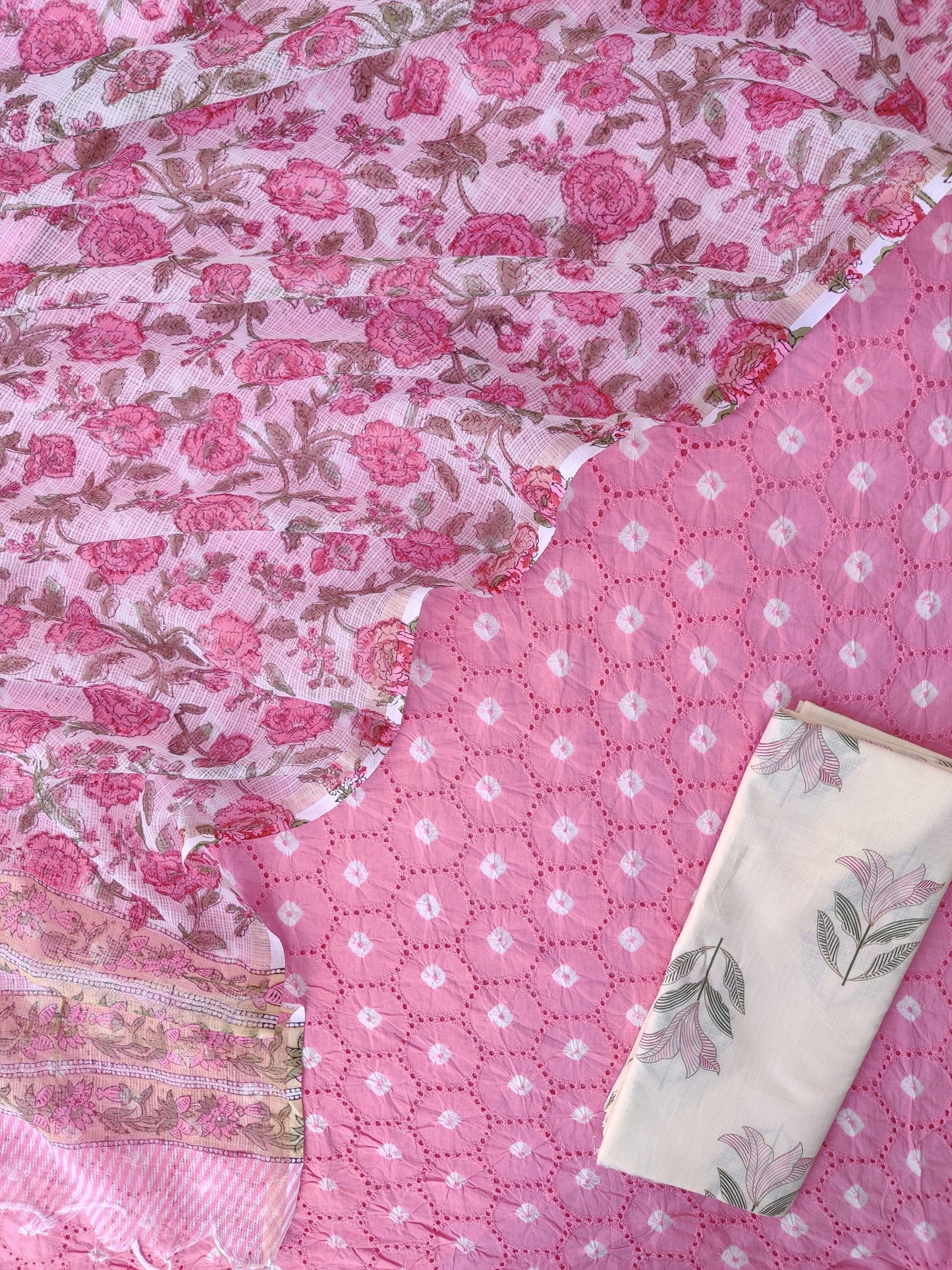 (SALE) BANDHANI  Cotton Schiffli Suit with Kota Doria Dupatta
