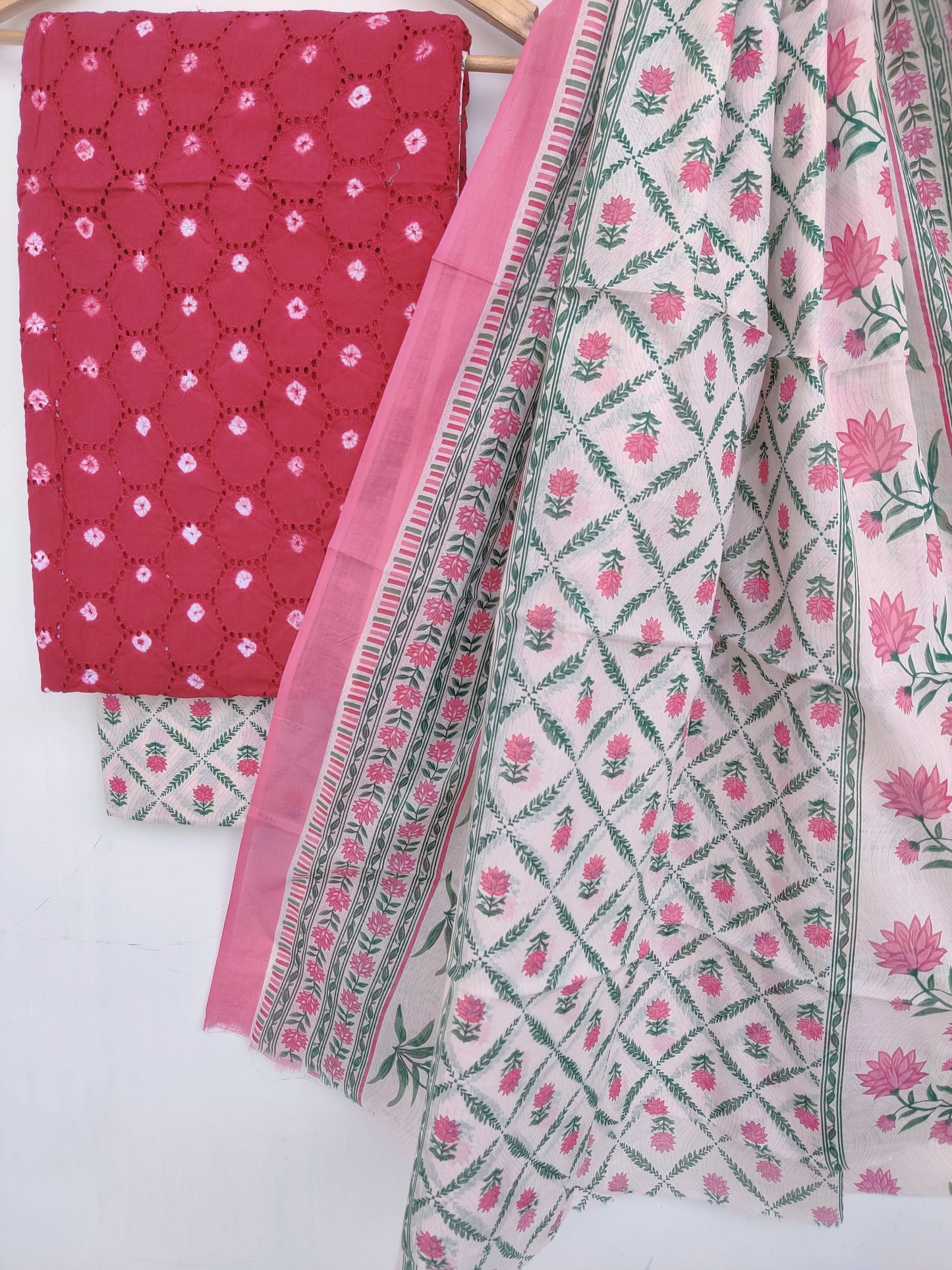 (SALE) BANDHANI  Cotton Schiffli Suit with Mulmul Dupatta