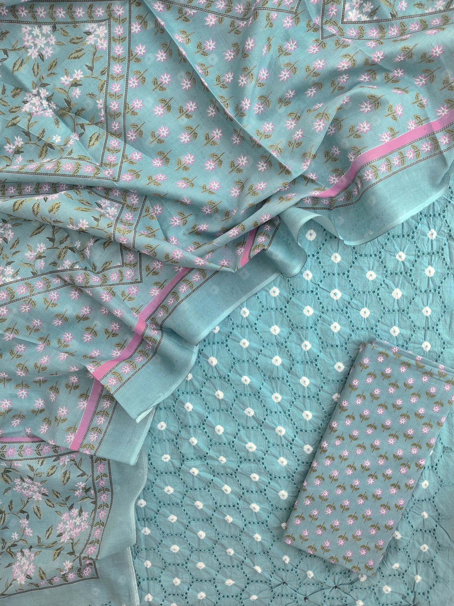 BANDHANI Schiffli Suit with Mulmul Dupatta