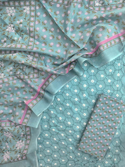 BANDHANI Schiffli Suit with Mulmul Dupatta