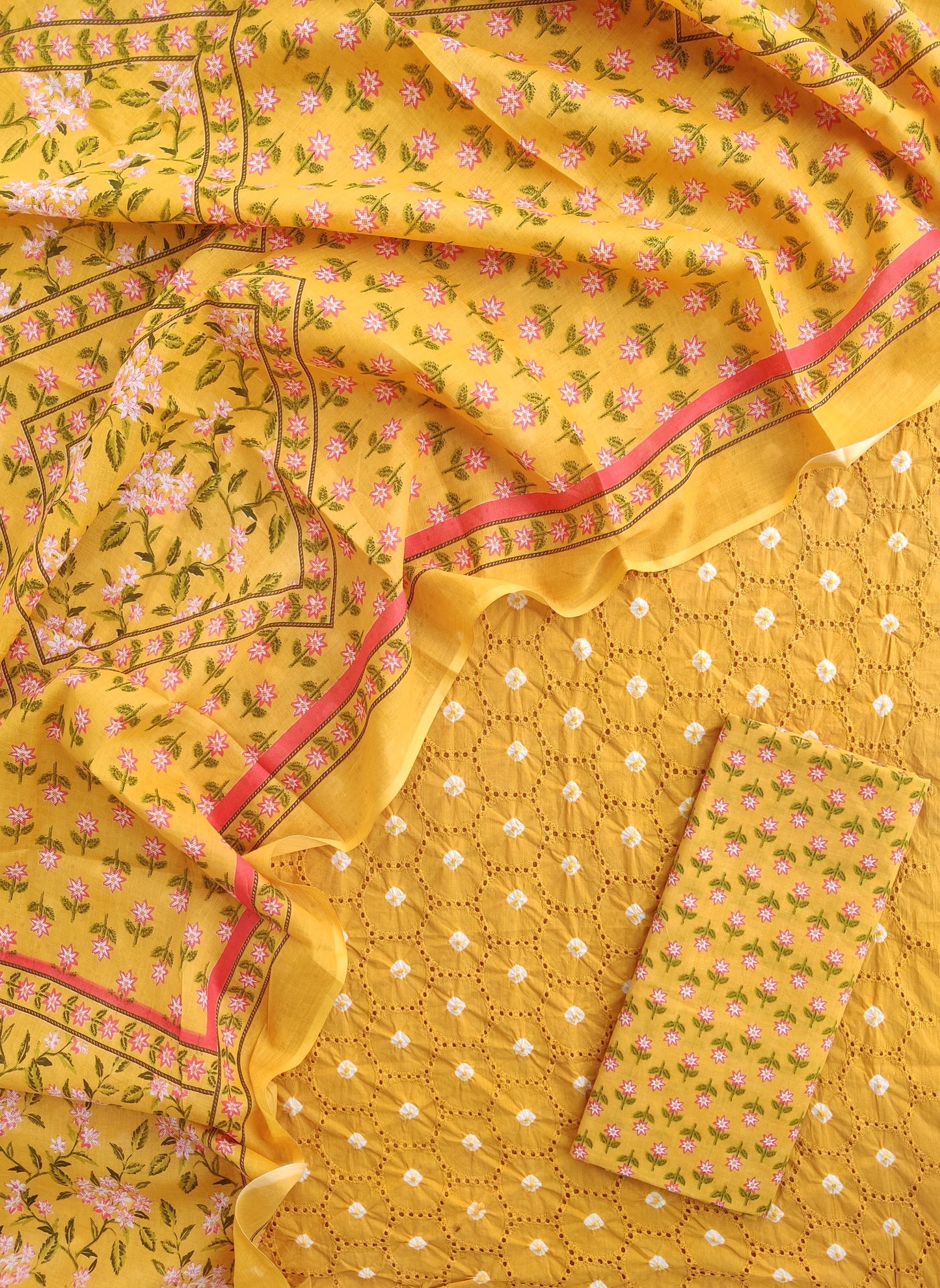 BANDHANI Schiffli Suit with Mulmul Dupatta