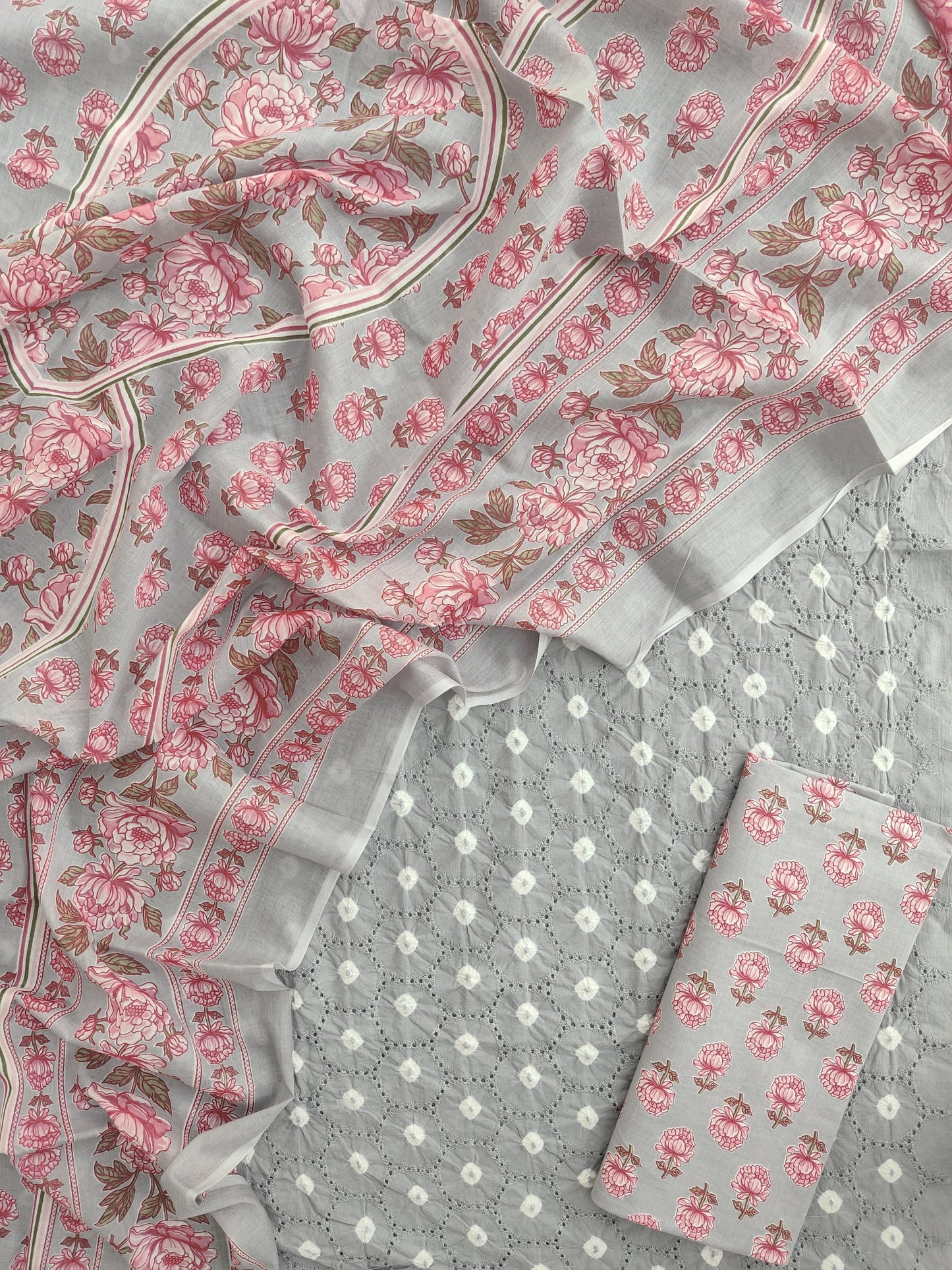 BANDHANI Schiffli Suit with Mulmul Dupatta
