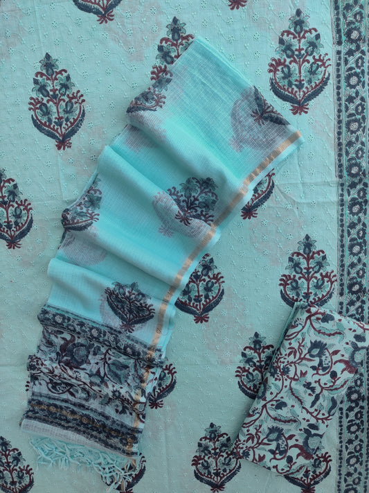 Hand Block Printed Cotton Schiffli Suit with Kota Doria Dupatta