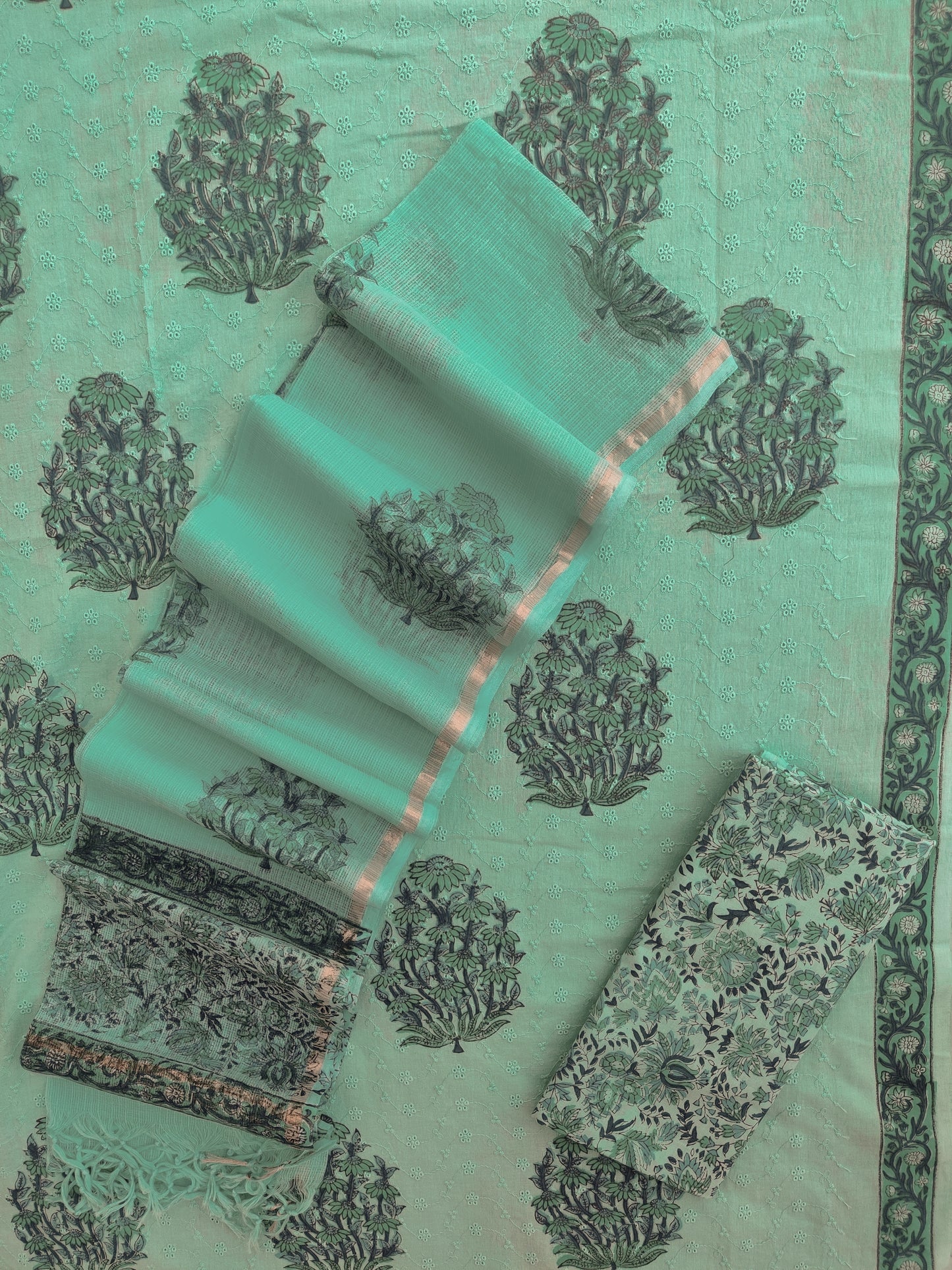 Hand Block Printed Cotton Schiffli Suit with Kota Doria Dupatta