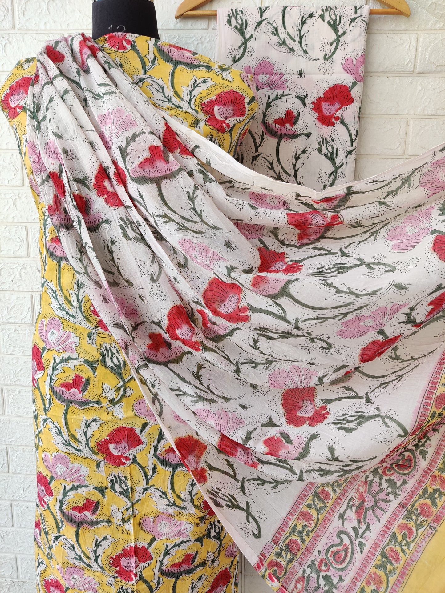 Hand Block Printed Unstitched Cotton Suit with Mulmul Dupatta