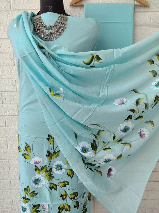 Hand Painted Cotton Suits with Mulmul  Dupatta
