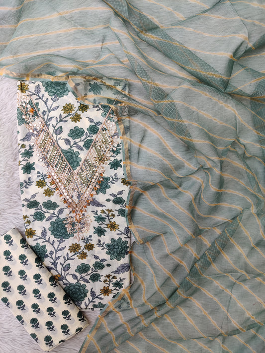 (SALE) JAIPURI PRINTED GOTA PATTI NECK WORK SUITS WITH LEHRIYA KOTA DORIA DUPATTA