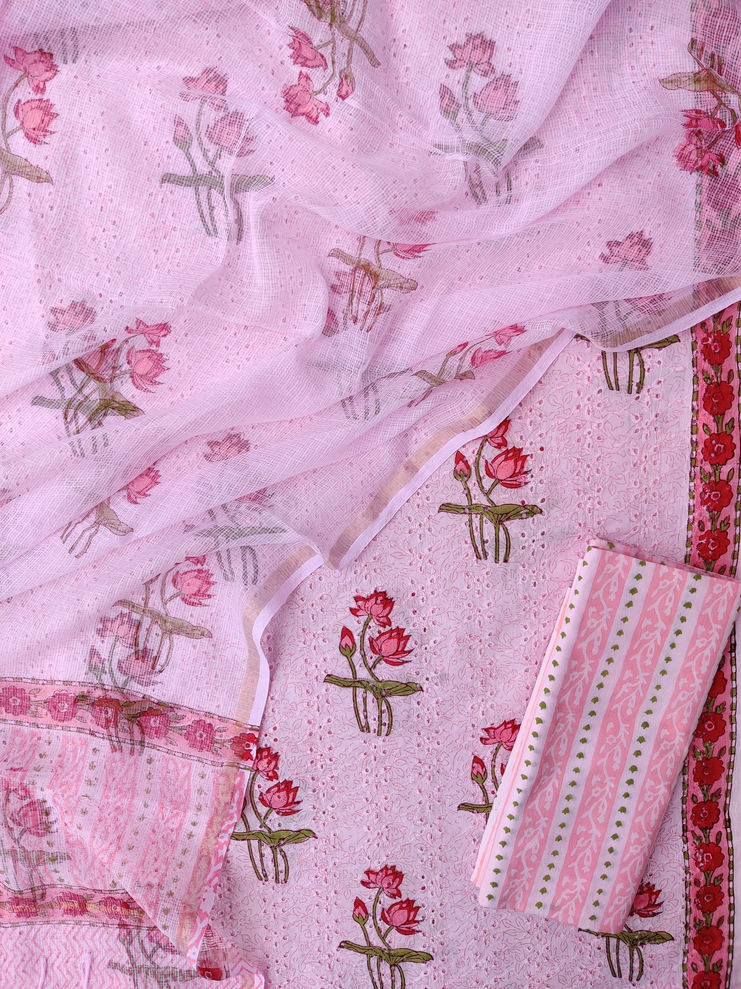 (SALE) Hand Block Printed Cotton Schiffli Suit with Kota Doria Dupatta