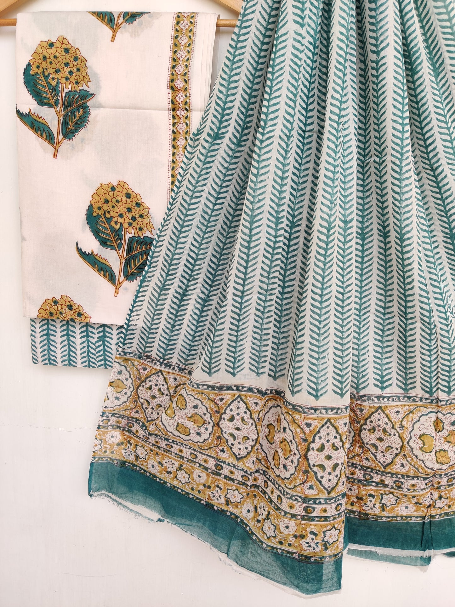 Hand Block Printed Cotton Suit With Mulmul Cotton Dupatta