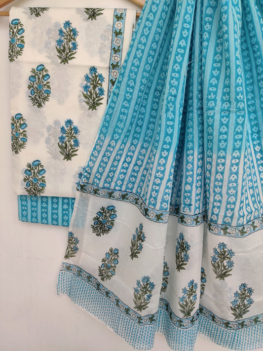 Hand Block Printed Cotton Suit With Mulmul Cotton Dupatta