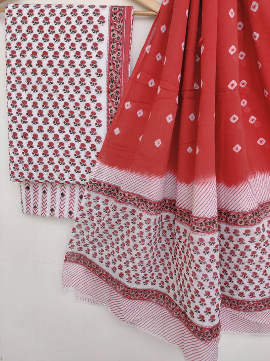 (SALE) Hand Block Printed Cotton Suit With Mulmul Bandhej Dupatta