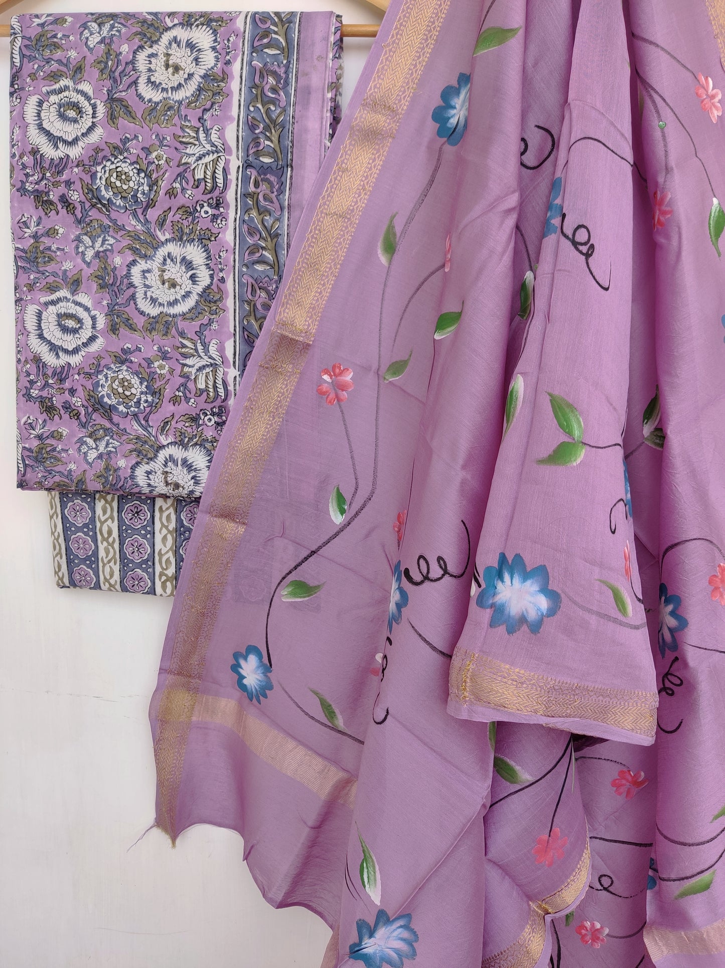 (SALE) Hand Block Printed Cotton Suit with Chanderi Dupatta