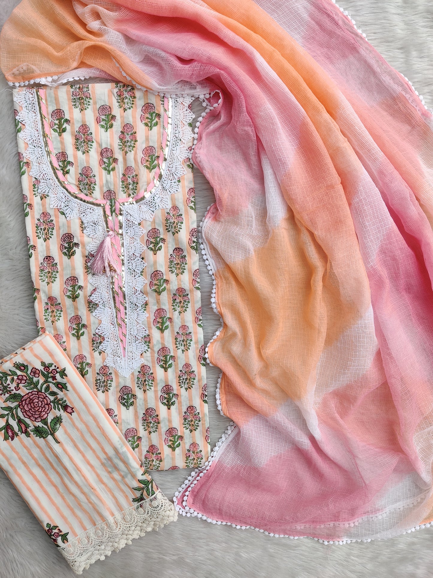 HAND BLOCK PRINTED  NECK WORK SUITS WITH KOTA DORIA DUPATTA