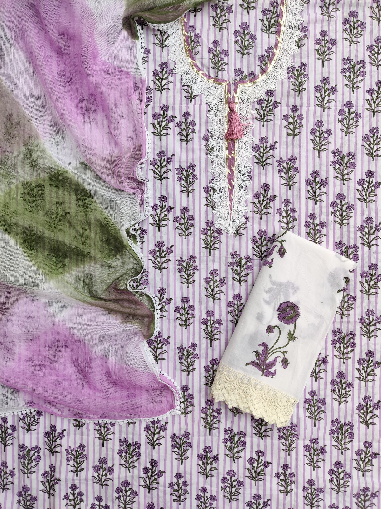 HAND BLOCK PRINTED  NECK WORK SUITS WITH KOTA DORIA DUPATTA
