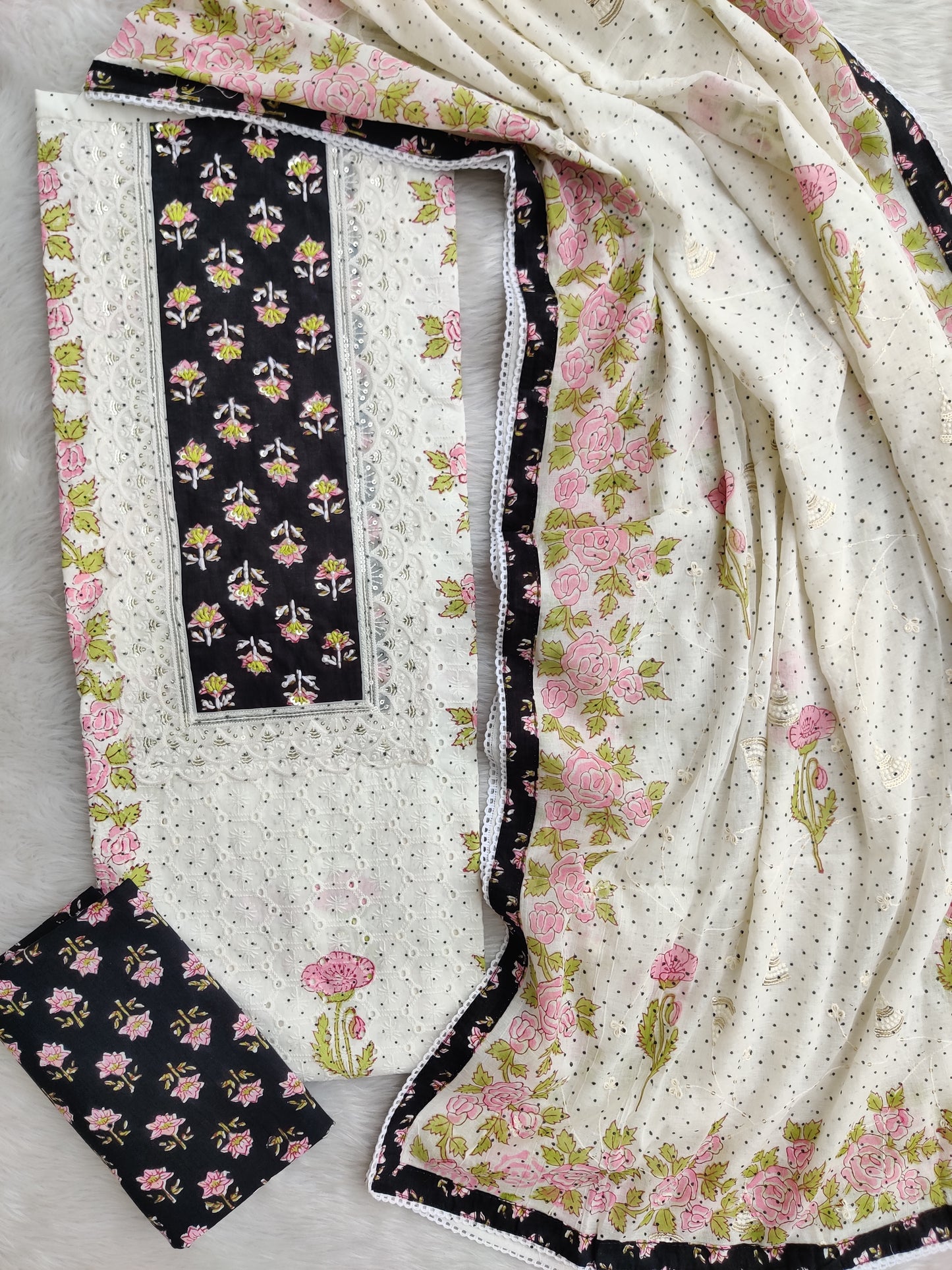 Exclusive Unstitched Cotton Suit with Mulmul Embroidery Dupatta