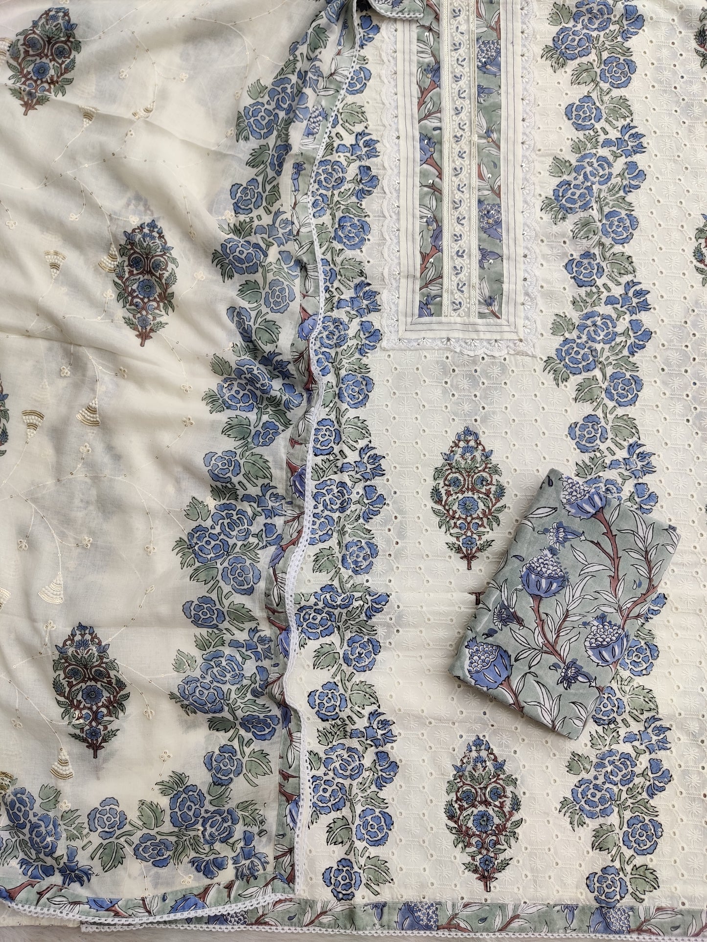 Exclusive Unstitched Cotton Suit with Mulmul Embroidery Dupatta