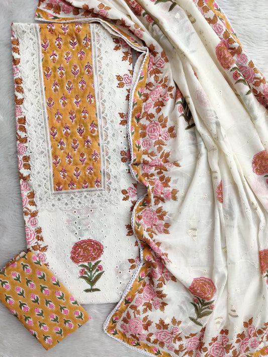 Exclusive Unstitched Cotton Suit with Mulmul Embroidery Dupatta