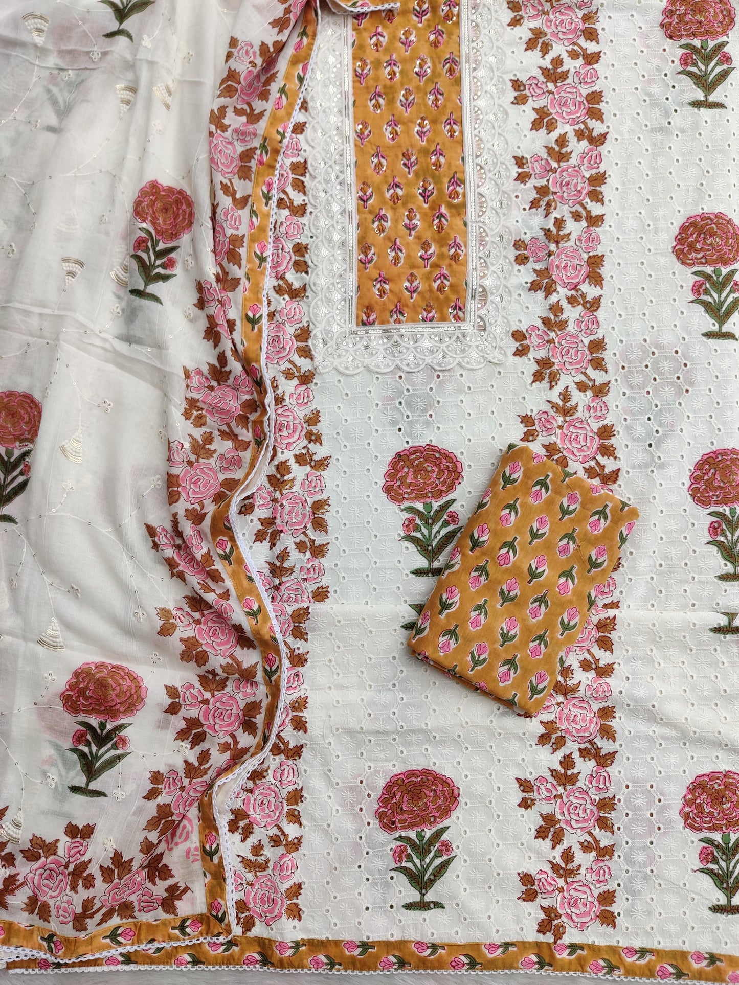 Exclusive Unstitched Cotton Suit with Mulmul Embroidery Dupatta