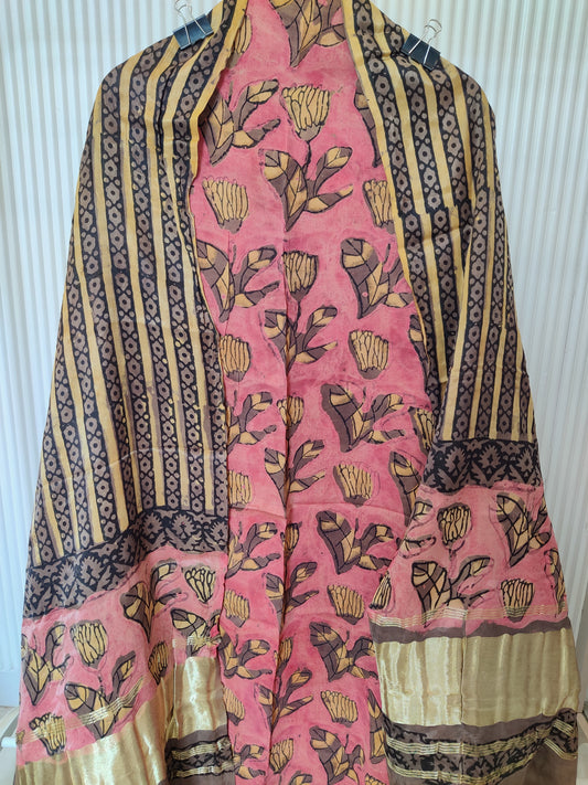 (NASHPAL) Hand Block Printed Modal Silk TOP with Modal Silk Lagdi Patta Dupatta (NO BOTTOM)