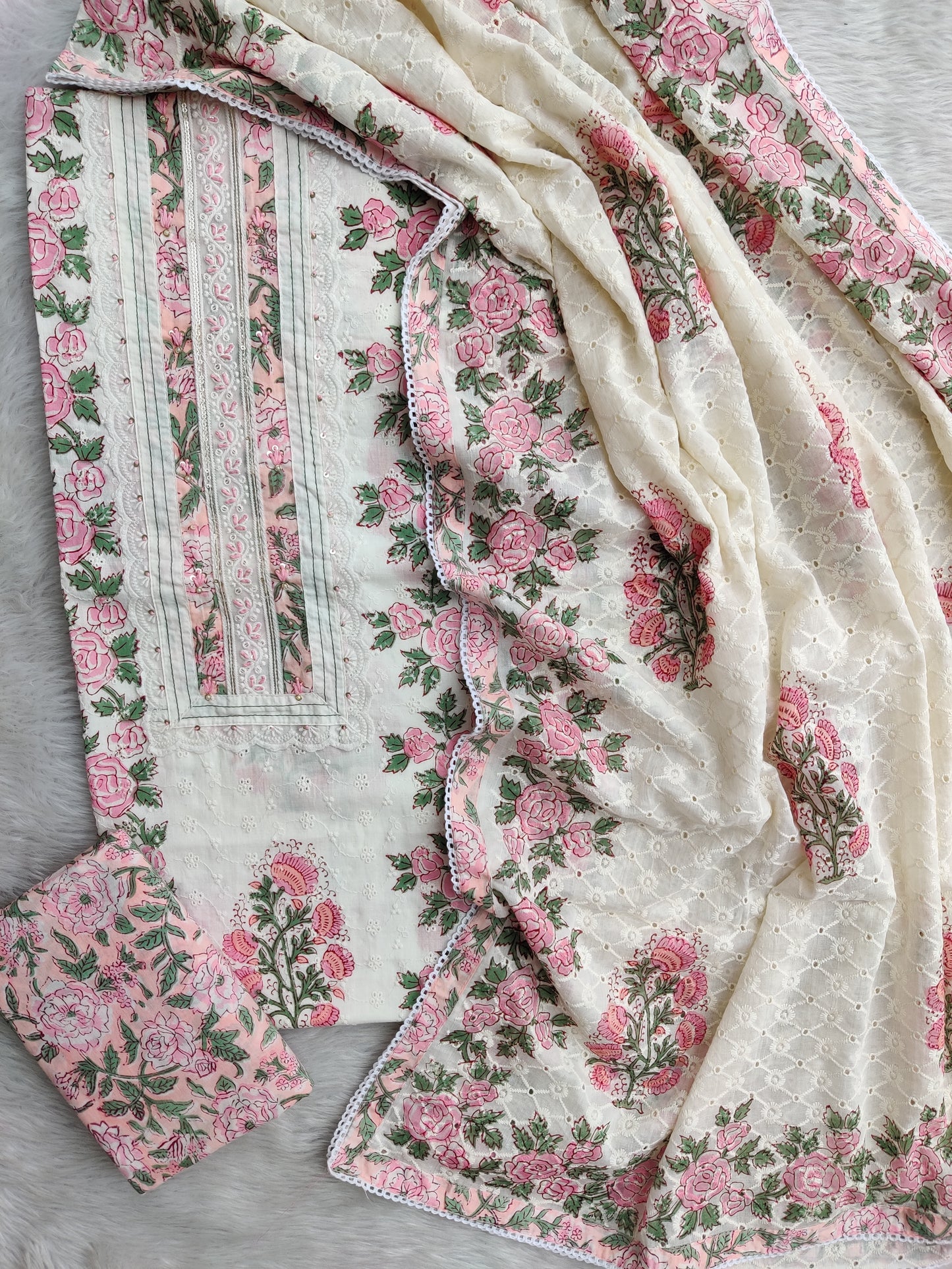 Exclusive Unstitched Cotton Suit with Mulmul Embroidery Dupatta