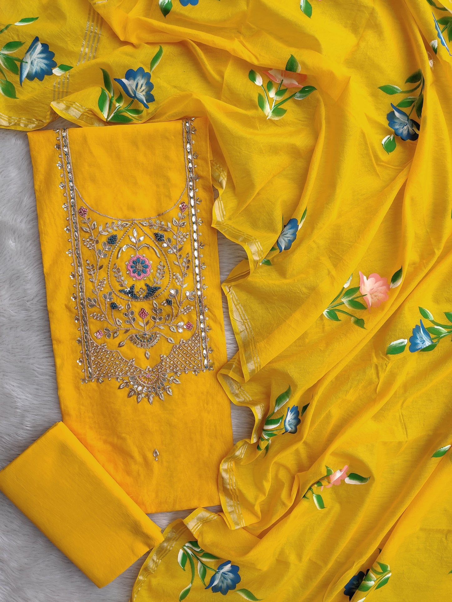 COTTON CHANDERI GOTA PATTI SUIT WITH BRUSH PAINTED COTTON CHANDERI DUPATTA