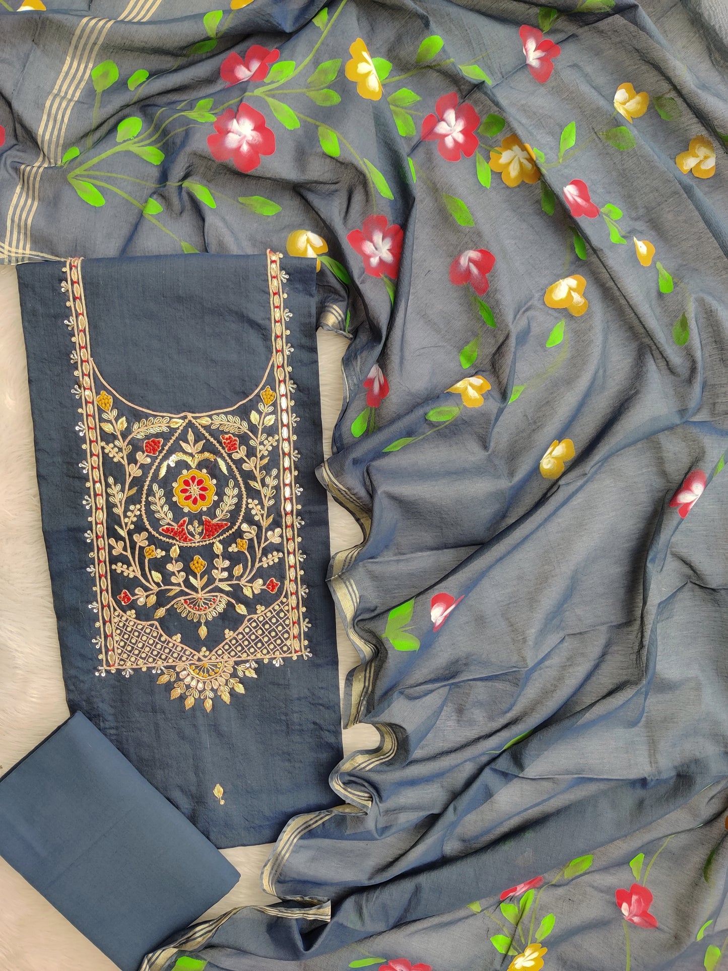 COTTON CHANDERI GOTA PATTI SUIT WITH BRUSH PAINTED COTTON CHANDERI DUPATTA