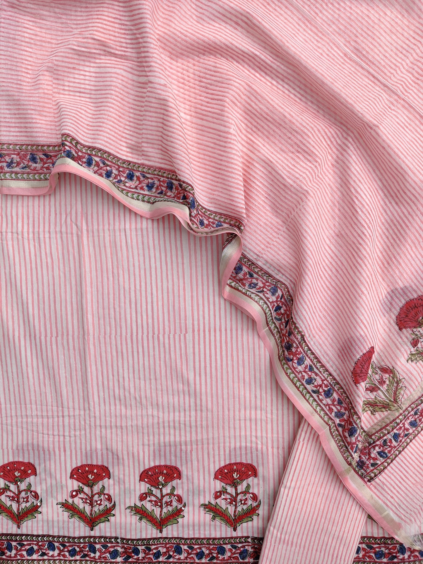 Hand Block Printed Cotton Suit with Mul Chanderi Dupatta
