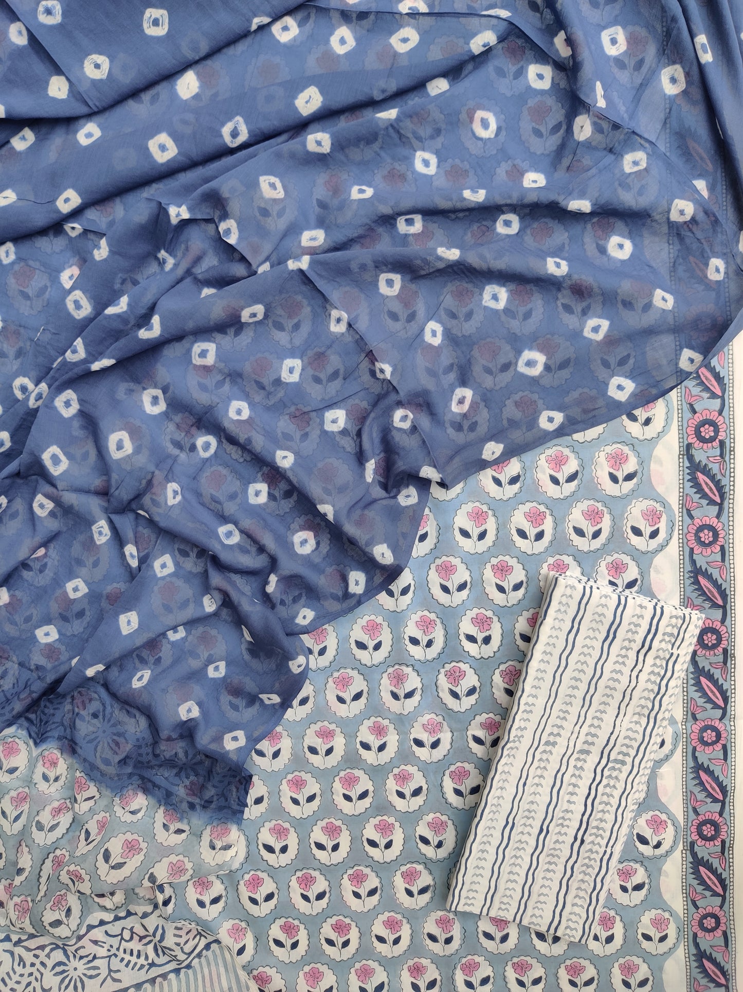Hand Block Printed Cotton Suits with Mulmul Bandhej Dupatta