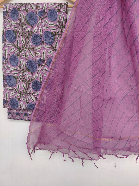 BLOCK PRINTED COTTON SUIT WITH LEHRIYA KOTA DORIA DUPATTA