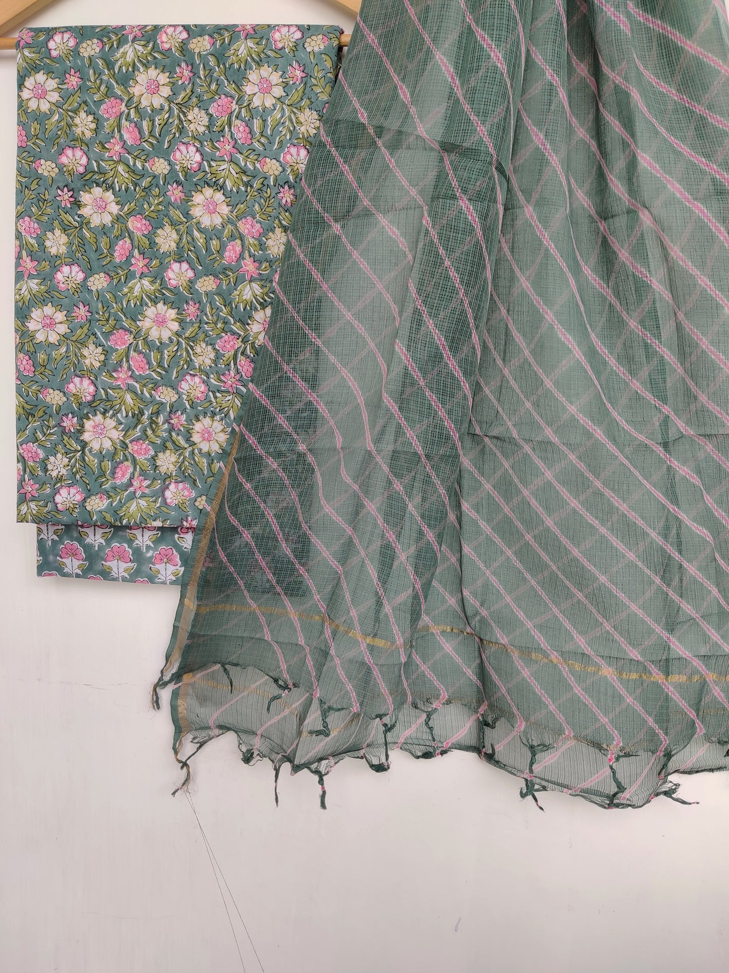 BLOCK PRINTED COTTON SUIT WITH LEHRIYA KOTA DORIA DUPATTA