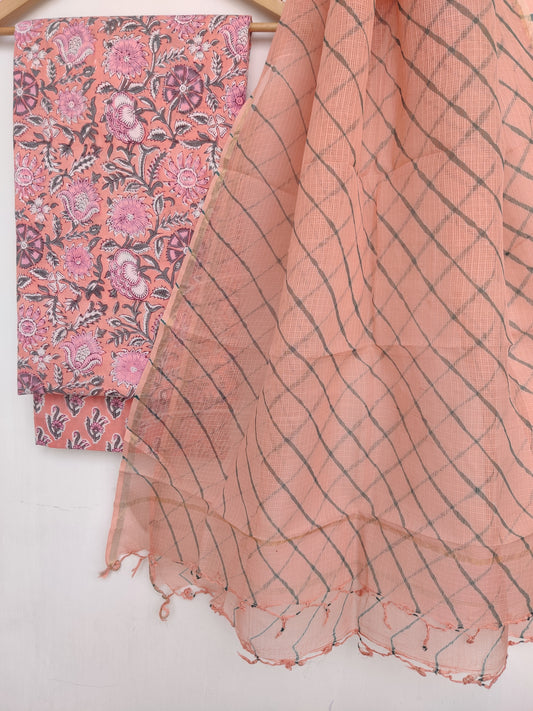 BLOCK PRINTED COTTON SUIT WITH LEHRIYA KOTA DORIA DUPATTA