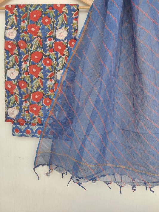 BLOCK PRINTED COTTON SUIT WITH LEHRIYA KOTA DORIA DUPATTA