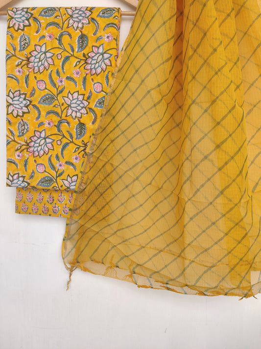 BLOCK PRINTED COTTON SUIT WITH LEHRIYA KOTA DORIA DUPATTA